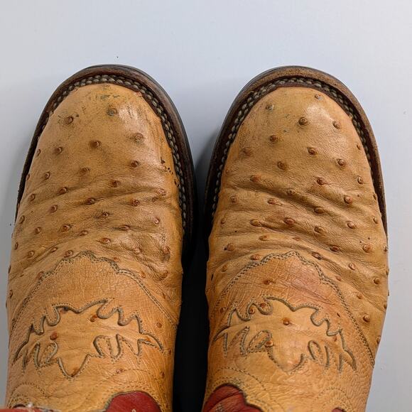 Lucchese Ostrich Goat Skin Boots 7 Red Tan Western Cowgirl Aesthetic Vintage - Picture 14 of 16